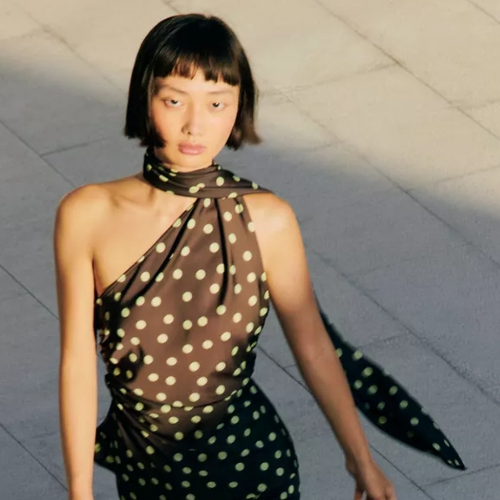 Zara Black One-Shoulder Polka Dot Top with Lime Dots